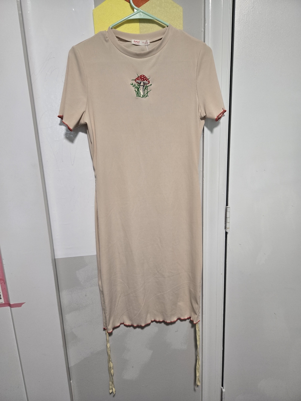 ROMWE Beige Midi Dress with Red Mushroom Embroidery